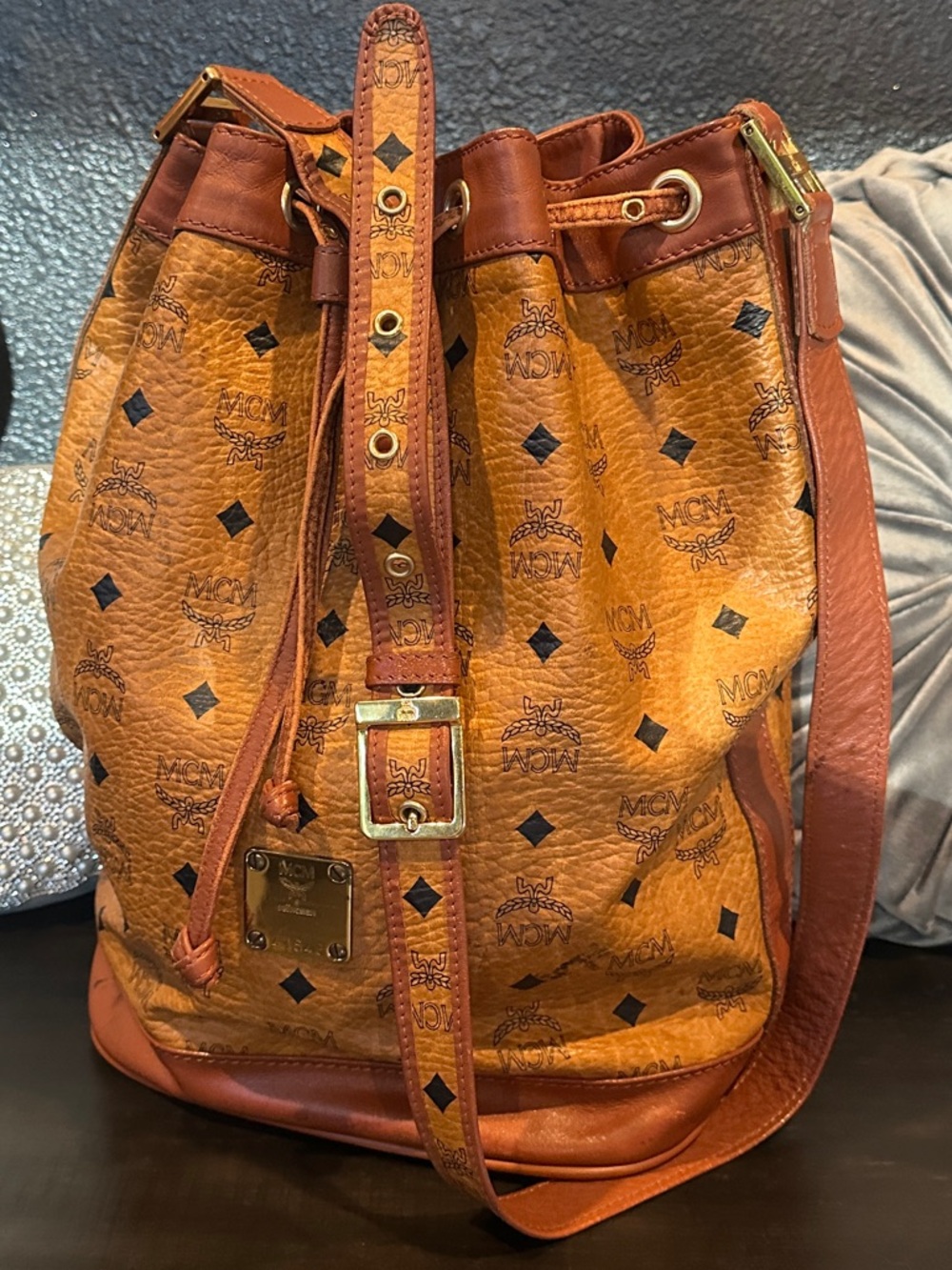 MCM Cognac Monogram Drawstring Bucket Bag with Brown Trim